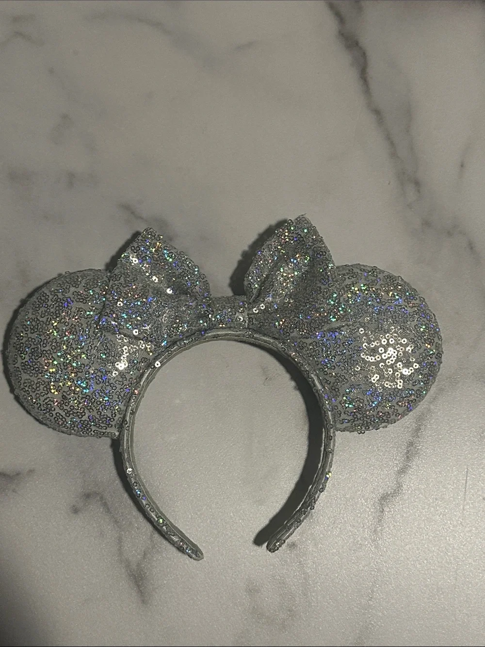 Silver Holographic Sequin Disney Minnie Ears Headband with Bow